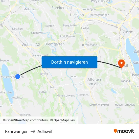 Fahrwangen to Adliswil map