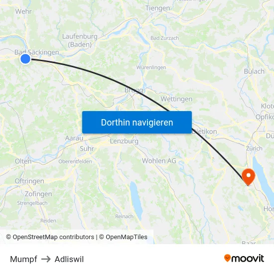 Mumpf to Adliswil map