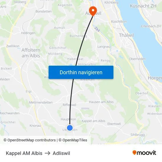 Kappel AM Albis to Adliswil map