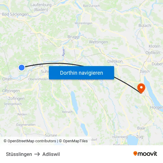 Stüsslingen to Adliswil map