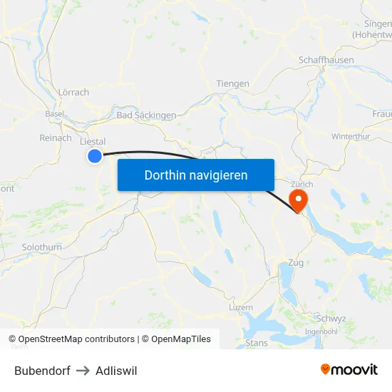 Bubendorf to Adliswil map