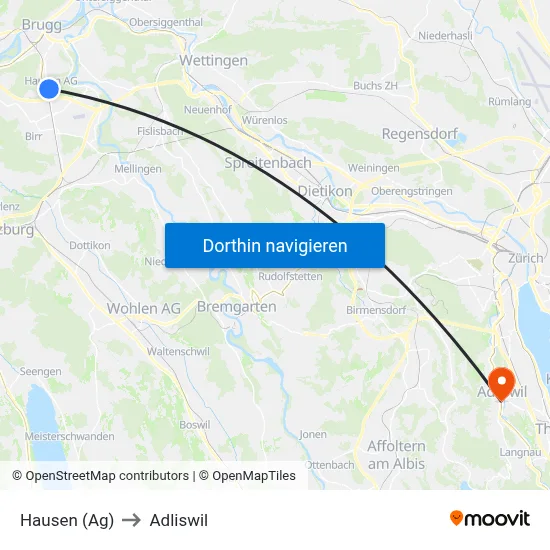 Hausen (Ag) to Adliswil map