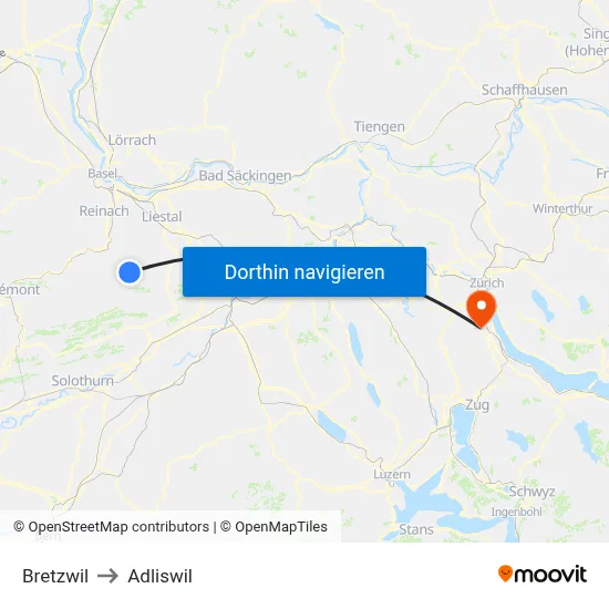 Bretzwil to Adliswil map