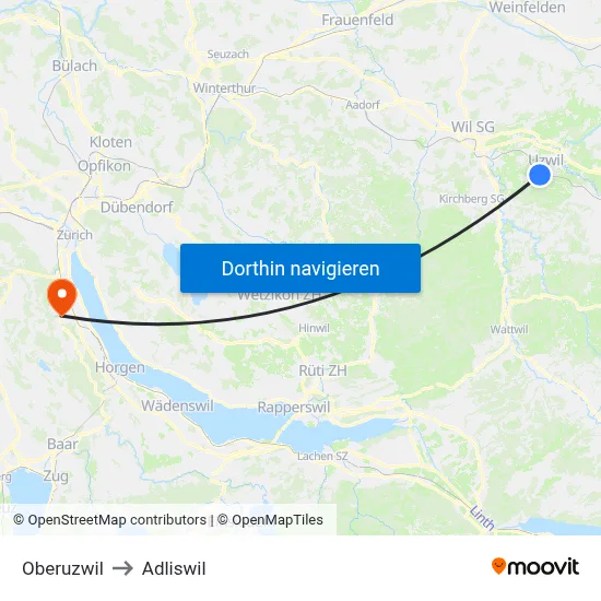 Oberuzwil to Adliswil map