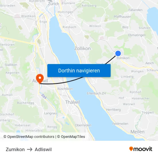 Zumikon to Adliswil map