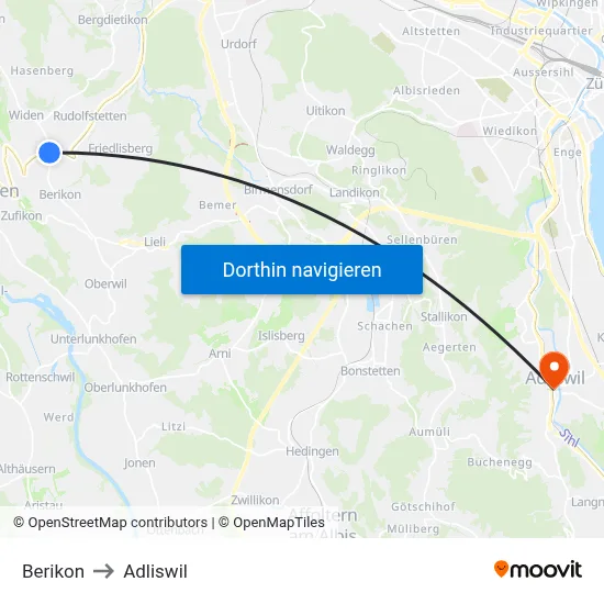 Berikon to Adliswil map