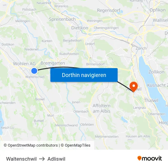 Waltenschwil to Adliswil map