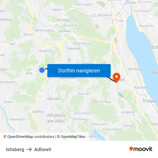 Islisberg to Adliswil map
