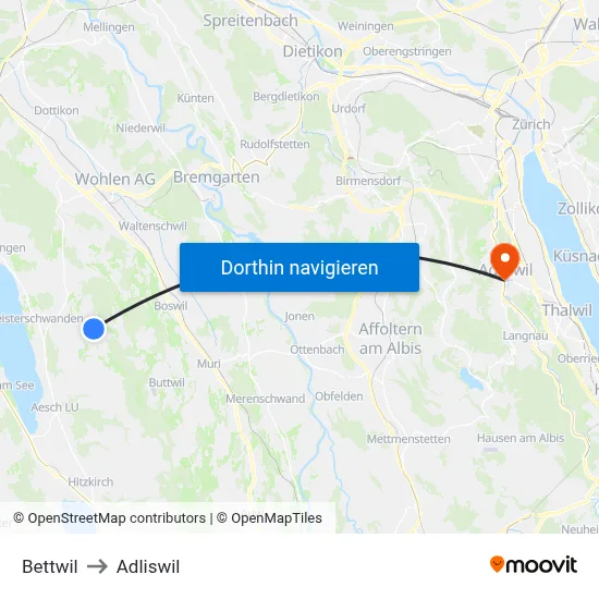 Bettwil to Adliswil map