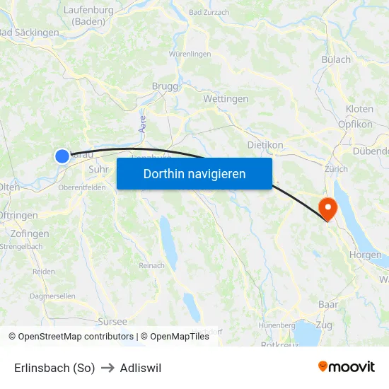 Erlinsbach (So) to Adliswil map
