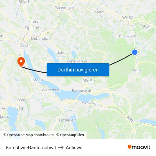 Bütschwil-Ganterschwil to Adliswil map