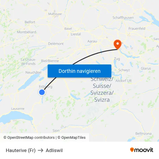 Hauterive (Fr) to Adliswil map