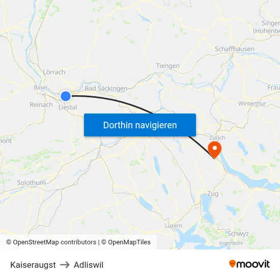 Kaiseraugst to Adliswil map