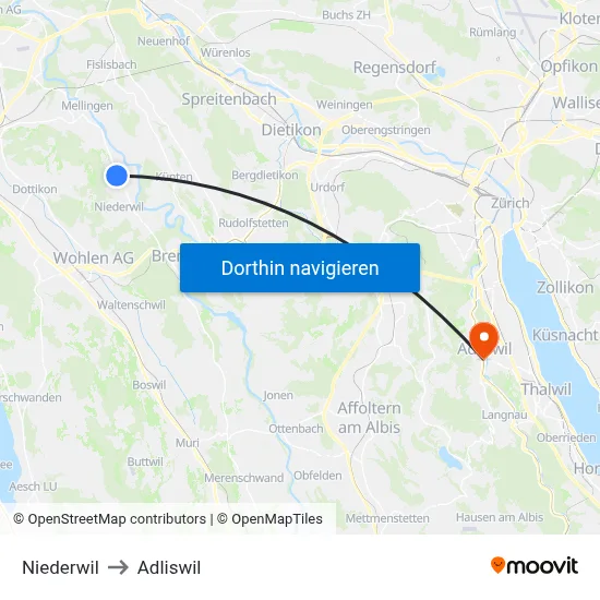 Niederwil to Adliswil map