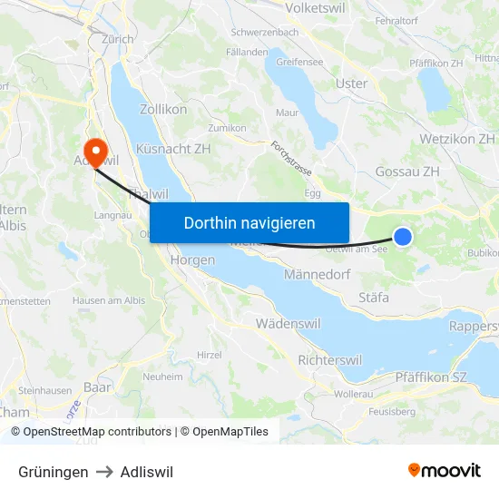Grüningen to Adliswil map
