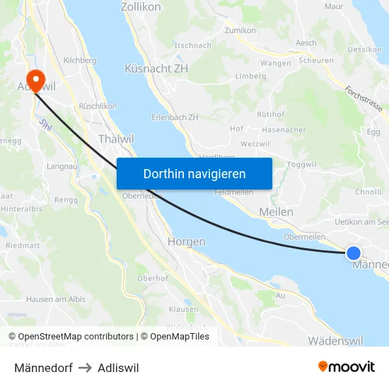 Männedorf to Adliswil map