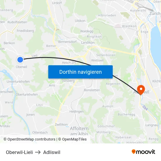 Oberwil-Lieli to Adliswil map