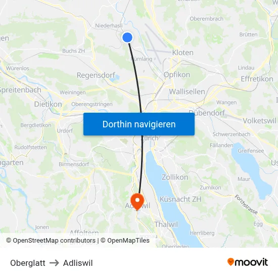 Oberglatt to Adliswil map