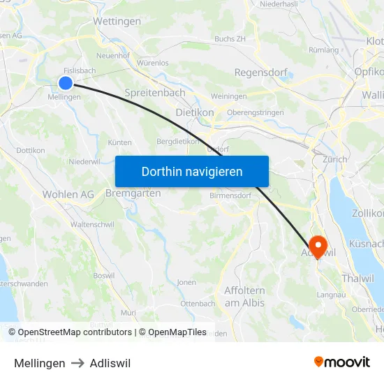 Mellingen to Adliswil map