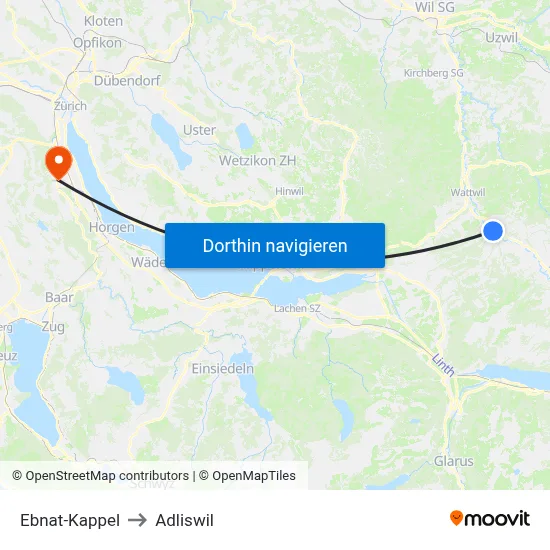 Ebnat-Kappel to Adliswil map
