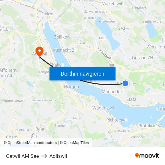 Oetwil AM See to Adliswil map
