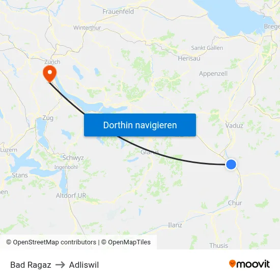 Bad Ragaz to Adliswil map