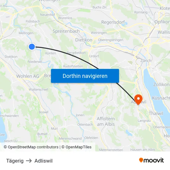 Tägerig to Adliswil map