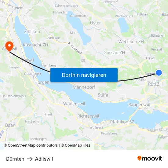 Dürnten to Adliswil map
