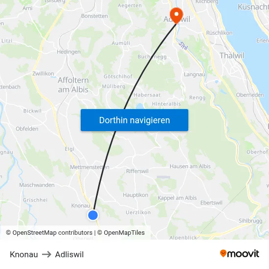 Knonau to Adliswil map