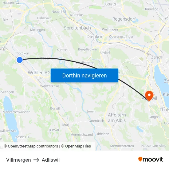Villmergen to Adliswil map