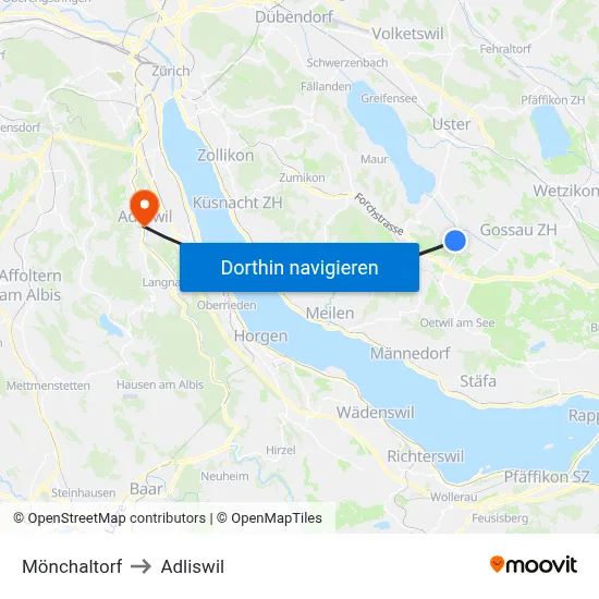 Mönchaltorf to Adliswil map