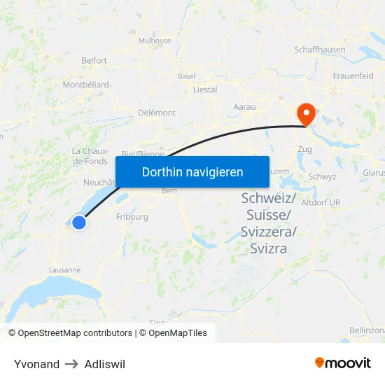 Yvonand to Adliswil map