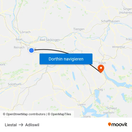 Liestal to Adliswil map