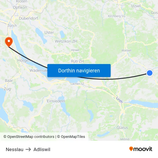 Nesslau to Adliswil map
