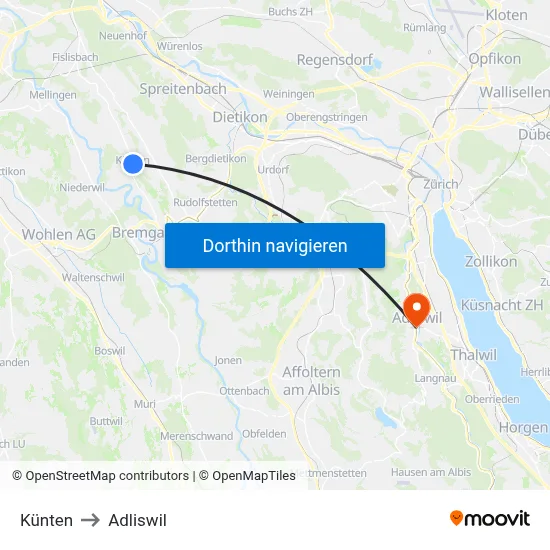 Künten to Adliswil map