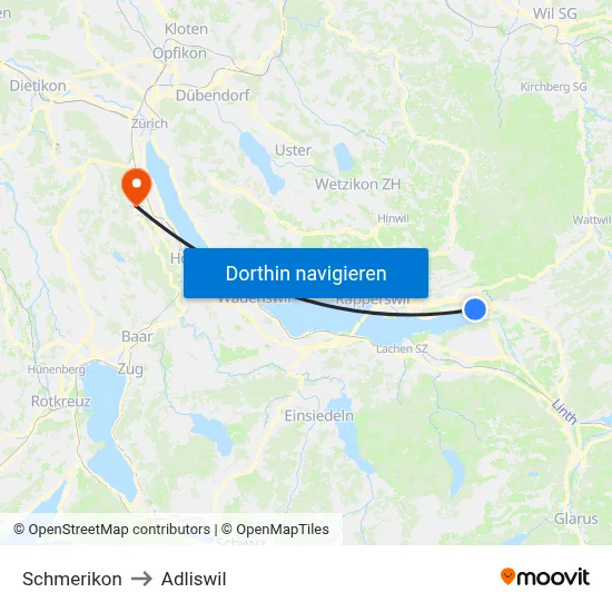 Schmerikon to Adliswil map