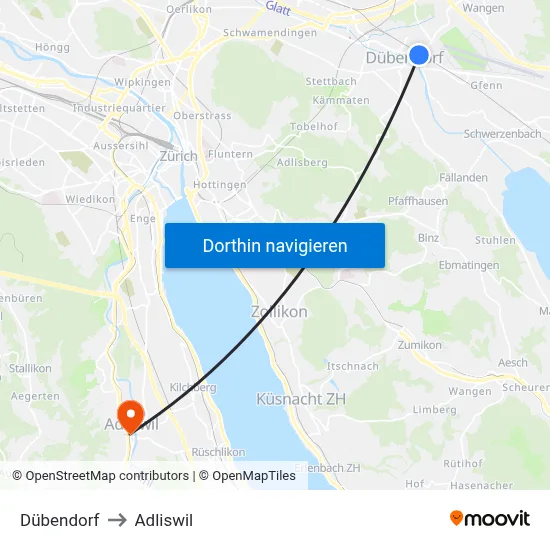 Dübendorf to Adliswil map