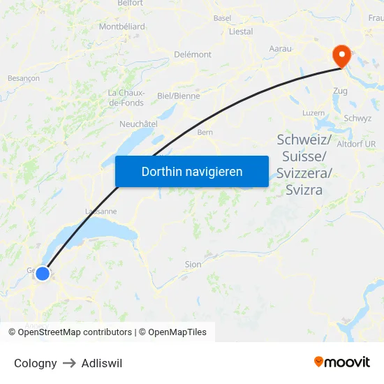 Cologny to Adliswil map