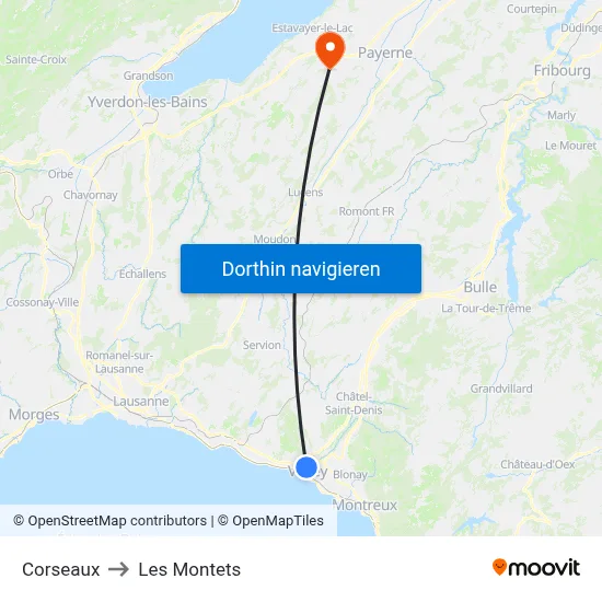 Corseaux to Les Montets map