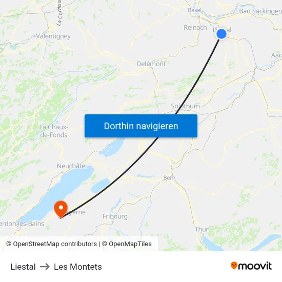Liestal to Les Montets map