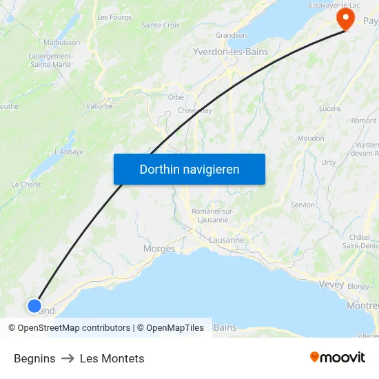 Begnins to Les Montets map