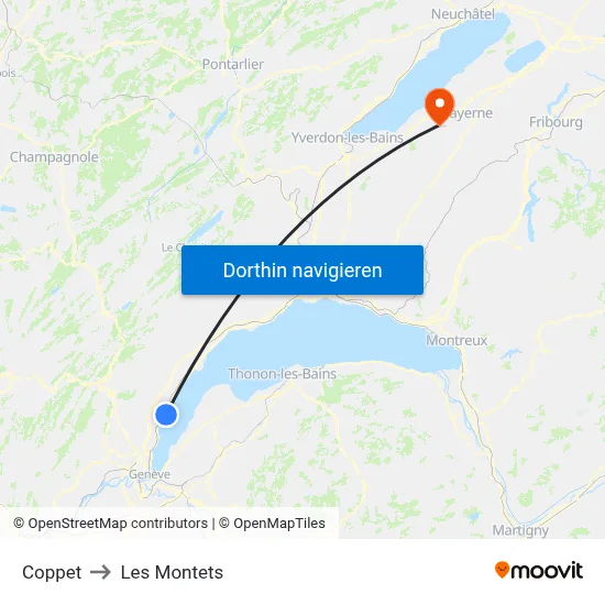 Coppet to Les Montets map