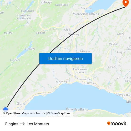Gingins to Les Montets map
