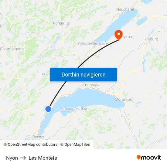 Nyon to Les Montets map