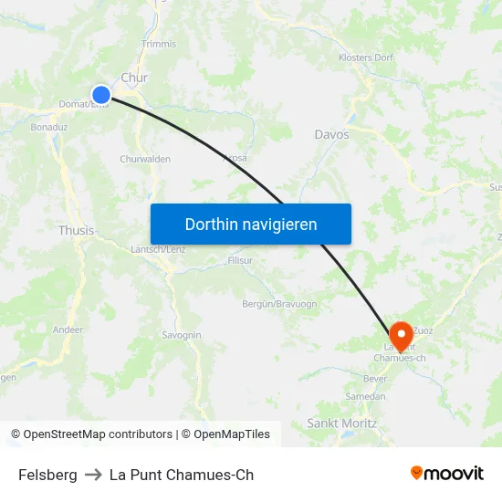 Felsberg to La Punt Chamues-Ch map