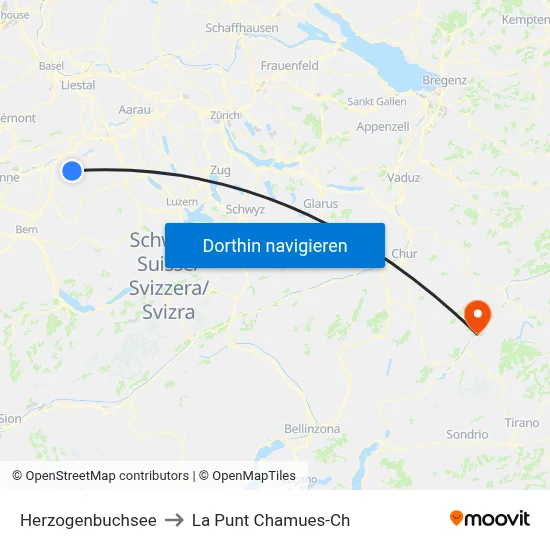 Herzogenbuchsee to La Punt Chamues-Ch map