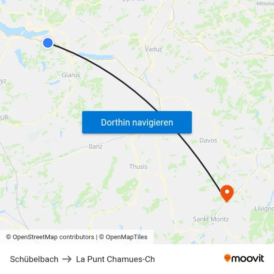 Schübelbach to La Punt Chamues-Ch map