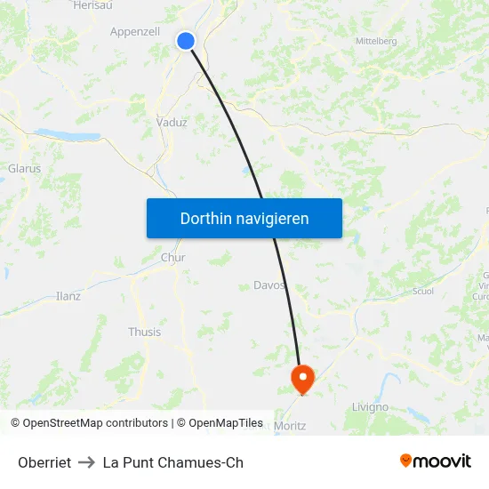 Oberriet to La Punt Chamues-Ch map