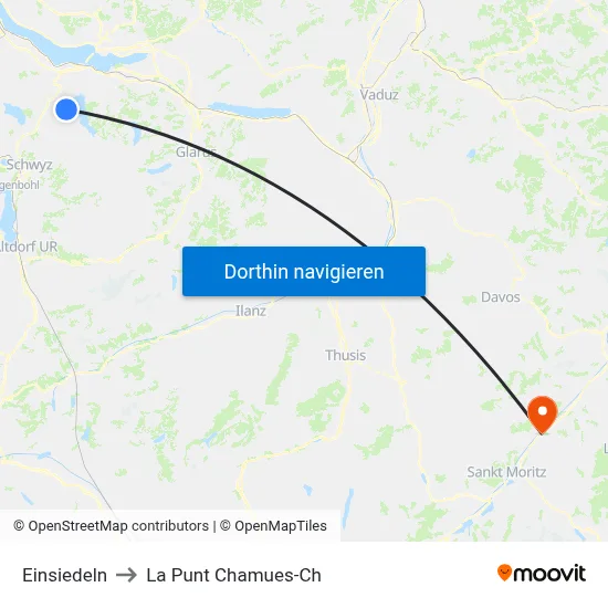 Einsiedeln to La Punt Chamues-Ch map