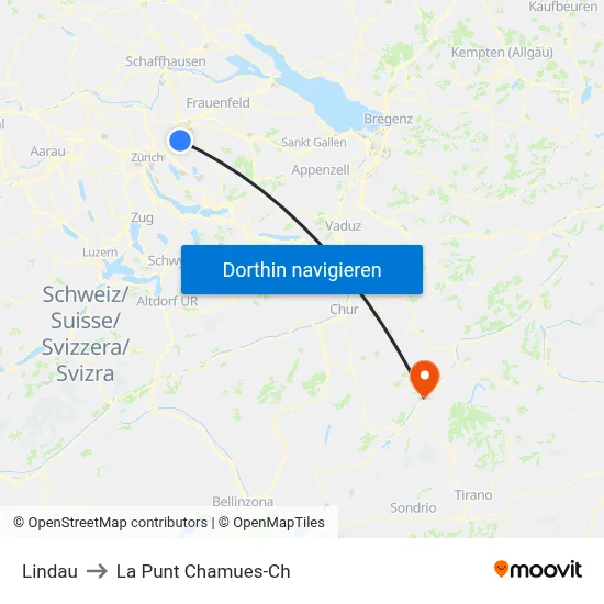 Lindau to La Punt Chamues-Ch map